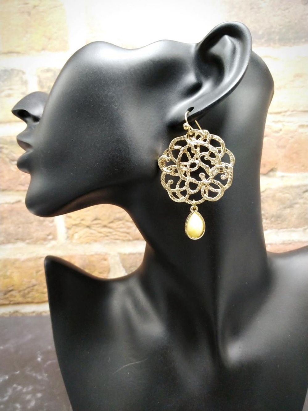 Gold Filigree Drop Earrings with Cream Teardrop Accent